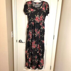 12 pm by Mon Ami Women's Maxi Long Gray Floral Dress Stretchy Cottage Core